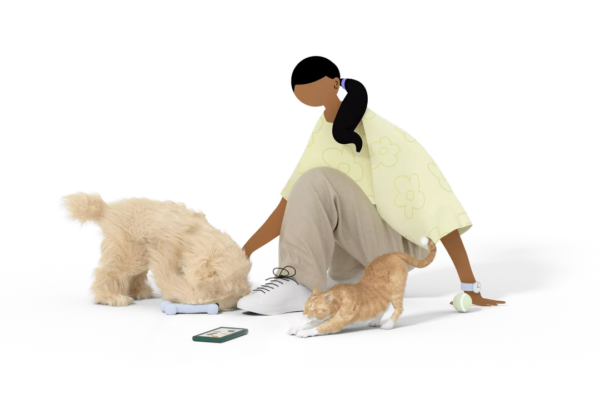 Illustration of woman petting a cat and a dog